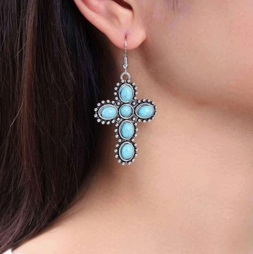 Elegant Silver and Turquoise Cross Earrings
